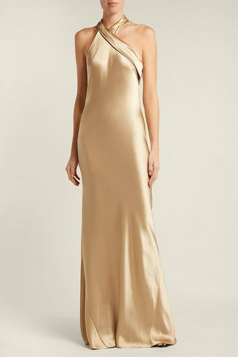 Galvan Pandora Silk-Satin Halterneck Gown Wedding Dresses Colored, Slip Satin Dress, Champagne Wedding Dress, Colored Wedding Gowns, Making A Wedding Dress, Satin Wedding Dresses, Wedding Dress Color, Wedding Dresses Cinderella, Wedding Dress Champagne