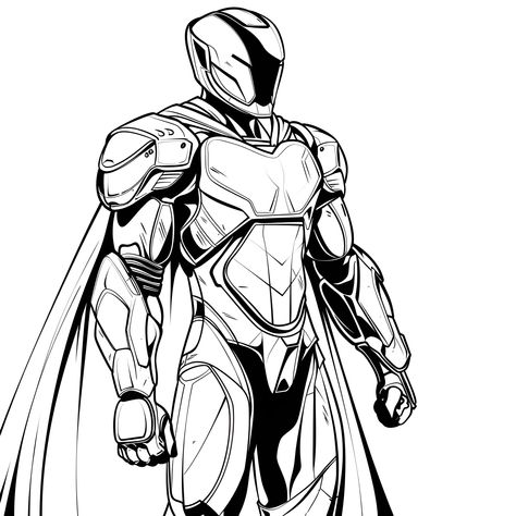 Superhero in futuristic armored suit (free printable PDF black-and-white line drawing idea suitable for all, from beginners to advanced learners, including children, teens, adults, and seniors) Superhero Drawing, Armored Suit, Cat Superhero, City Backdrop, Witch Drawing, Superhero Cartoon, I Love You Drawings, Ornament Drawing, Monster Drawing