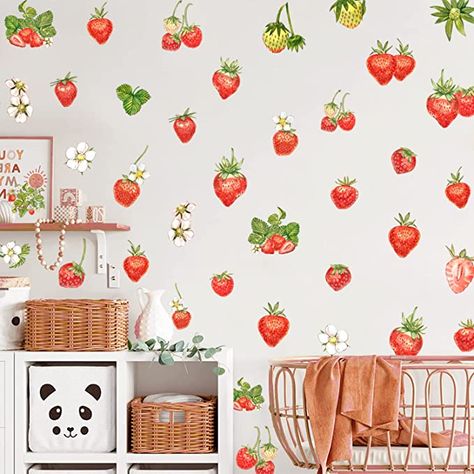 Living Room Window Decor, Wall Stickers Kitchen, Room Farmhouse Decor, Living Room Farmhouse Decor, Watercolor Strawberry, Wall Decor Green, Sticker Food, Stickers Food, Stickers Kitchen