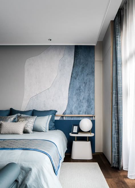 Rancho Santa Fe Villa on Behance Modern Bedroom Blue, Blue Bedroom Interior, Bedroom Design Ideas Modern, Bedroom Art Deco, Fall Bedroom Aesthetic, Bedroom Aesthetic Ideas, Blue Bedroom Design, Photography Interior Design, Bedroom Ideas Aesthetic