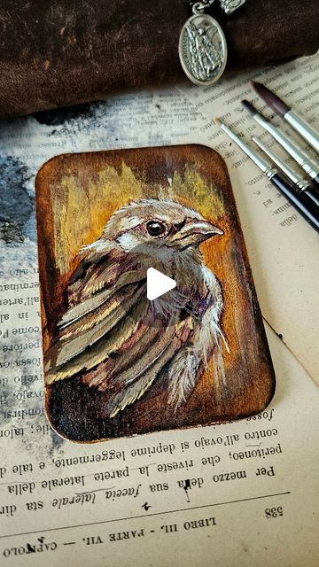 Miniature artwork inspired by nature. This little sparrow is painted in gouache and acrylic inks, on an Artist Trading Card sized wood panel.  #atc #aceo #artisttradingcards Artist Trading Card, Cool Colors, Daily Challenges, Artist Trading Cards, Wood Panel, Art Challenge, Miniature Art, Do You Feel, Trading Card