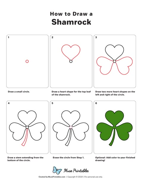 Learn how to draw a shamrock step by step. Free printable download at https://museprintables.com/download/how-to-draw/how-to-draw-a-shamrock/ How To Draw St Patricks Day, How To Draw A Shamrock Step By Step, How To Draw Four Leaf Clover, How To Draw A Pot Of Gold, How To Draw A Clover, Saint Patrick's Day Drawings, How To Draw A Shamrock, St Patrick's Day Doodles, St Patrick’s Day Drawings