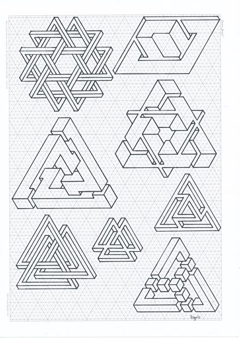 Draw Geometric Shapes, Impossible Geometry, Impossible Shapes, Optical Illusion Drawing, Isometric Drawing, Graph Paper Drawings, 3d Art Drawing, Geometric Shapes Art, Flash Tattoo Designs