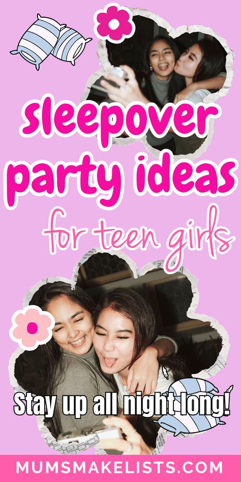 Make your next girls' sleepover unforgettable with these awesome ideas for teens! From fun games and delicious food to engaging activities, this guide has everything you need for an amazing night. Perfect for a slumber party birthday or fun sleepover activities. Don’t miss out on the sleepover essentials and best snacks for sleepovers that will keep everyone happy! #TeenSleepover #GirlsSleepoverParty #SlumberPartyFun Snacks For Sleepovers, Teen Sleepover Games, Sleepover Ideas For Teens, Girl Sleepover Games, Sleepover Set Up Ideas, Sleepover Ideas For Teenagers, Sweet 16 Sleepover, Teen Party Themes, Spa Sleepover Party