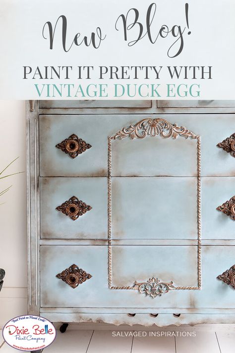 Paint it pretty with Dixie Belle's Vintage Duck Egg color! Read this new blog to discover how to apply Chalk Mineral Paint to your project for a new look on your furniture! Duck Egg Chalk Paint Furniture, Vintage Duck Egg Painted Furniture, Vintage Duck Egg Paint, Duck Egg Furniture, Buffet Redo, Duck Egg Blue Paint, Diy Resin Furniture, Duck Egg Blue Chalk Paint, Diy Furniture Appliques