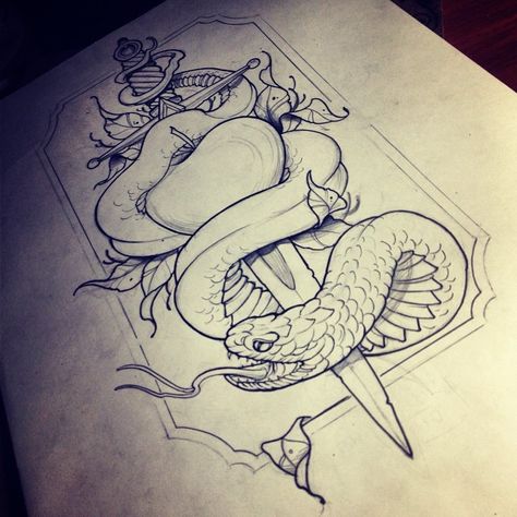 Snake And Apple Tattoo, Apple Tattoo Design, Snake And Apple, Mind Tattoo, Lightbulb Tattoo, Apple Tattoo, Snake Tattoo, New School, Back Tattoo