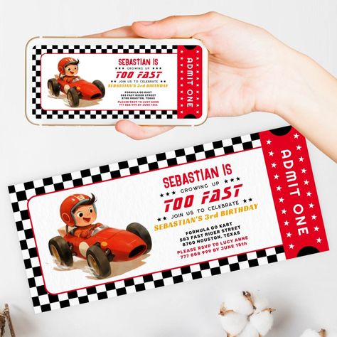 Too Fast Racing Car Ticket Birthday Invitation Car Birthday Invitations, Racing Car Birthday, Ticket Birthday Invitation, Cars Invitation, Ticket Style, Admit One Ticket, Cars Birthday Invitations, Charming Illustration, Growing Up Too Fast