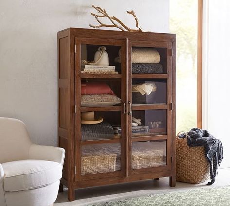 Menlo 49" x 67" Reclaimed Teak Storage Cabinet | Pottery Barn Reclaimed Wood Bookcase, Teak Storage, Tall Bookcases, Upstairs Bedroom, Iron Hardware, Entryway Storage, Wood Bookcase, Storage Towers, Reclaimed Pine