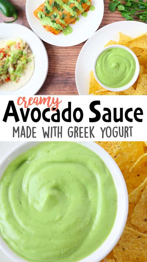 This Healthy Creamy Avocado Sauce made w/Greek yogurt, is easy & ready in 5 minutes! Use it as an avocado dip, or drizzle on your favorite foods like: tacos, enchiladas, nachos, salads…just to name a few! Click ?for the full detailed recipe! ??#avocadorecipes #healthyrecipes #greekyogurt #avocado #keto #ketorecipes Avocado Drizzle Sauce, Greek Yogurt Enchilada Sauce, Avocado Sauce For Fish, Spicy Avocado Sauce, Avocado Sauce For Tacos, Sauce With Greek Yogurt, Greek Tacos, Avocado Keto, Keto Sauce