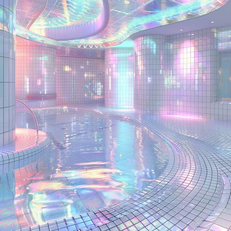 Pastel Holographic Aesthetic, Pastel Liminal Space, Indoor Pool Aesthetic, Holographic Aesthetic, Christmas Song Trivia, Pool Aesthetic, Neon Cyberpunk, Image Nails, Sunken Living Room