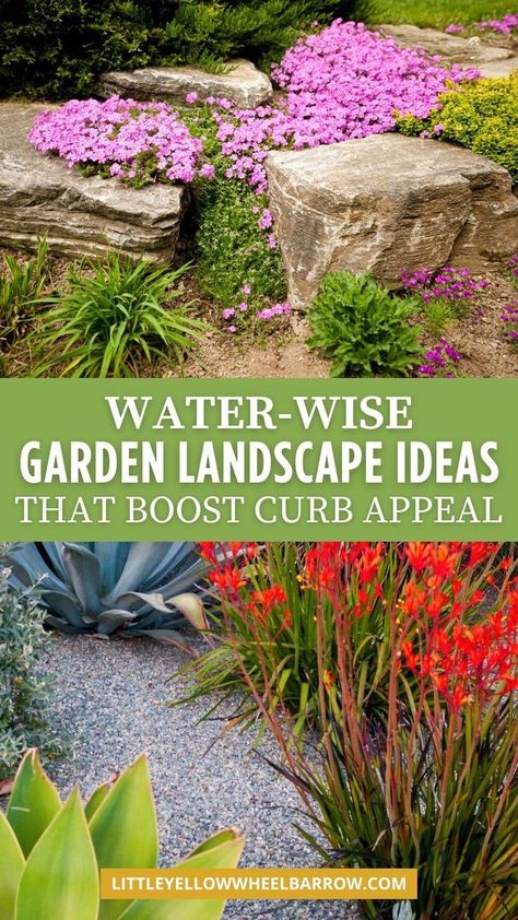 A water-wise garden + yard landscape isn’t just about saving water—it’s a way to boost your home’s curb appeal while creating a lush, low-maintenance yard that looks fantastic year-round. With drought-tolerant plants and thoughtful design, xeriscaping can be colorful, full of texture, and visually striking. Forget the idea that xeriscapes are dry, barren spaces. Learn about low maintenance plants for year round color, different garden pathways, pollinator plants, accent lighting, and more. Low Water Landscaping Front Yard, Water Wise Front Yard, California Landscaping, Low Water Landscaping, Water Wise Landscaping, Diy Gardening Ideas, Flower Gardening Ideas, Boost Curb Appeal, Garden Pathways