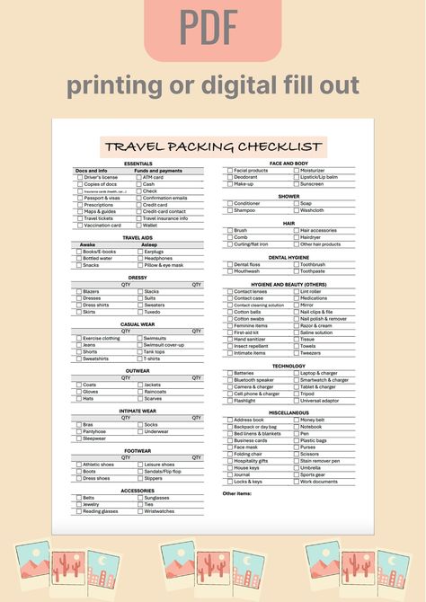 This travel packing checklist will save you so much time! In addition to its sleek design, the list is divided by categories and organized in alphabetical order. it's SUPER easy to select your items and check them off later. I use this list all the time: (1) Print or use the digital version. (2) Highlight the items you will take on your trip. (3) Include the quantities of items. (4) Check items off the list as you pack. Bon voyage! Travel Lists For Packing, Basic Packing List, Trip List Packing, Traveling List Packing, List For Traveling Packing, Travel Checklist Men, International Travel Checklist Packing Lists, Toilet Trees Packing List, Vacation Checklist For Women