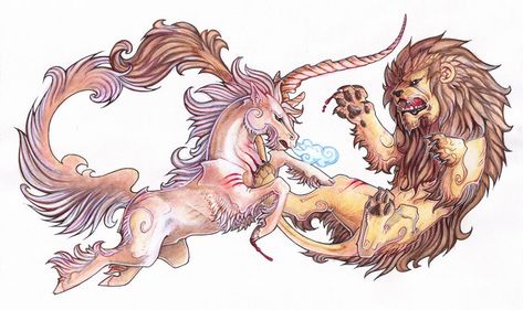 Commission - the Lion and the Unicorn by *drachenmagier on deviantART  this is beautifully mythological!! Dragon Unicorn Tattoo, Scottish Tattoos, Fairy Tale Images, Unicorn Tattoo, Unicorn Wings, Lion And Unicorn, Unicorn Tattoos, Last Unicorn, Fun To Draw