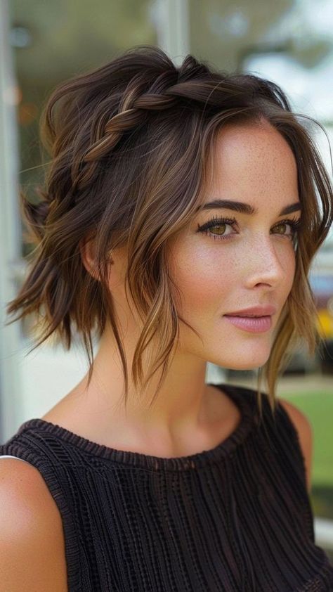 Braided Wedding Hairstyles Short Hair, Braids In Short Hair Bobs, Boho Hairstyles Headband, Headbands Short Curly Hair, Bob Hair With Headband, Boho Braid Short Hair, Short Hair Formal Styles Updo, Short Bohemian Hairstyles, Hair Knots For Short Hair