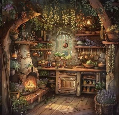 Cottagecore Color Palette, Fairy Kitchen, Gothic Victorian House, Fantasy Kitchen, Magic Kitchen, Kitchen Illustration, Fantasy Cottage, Fairy Bedroom, Fairytale House