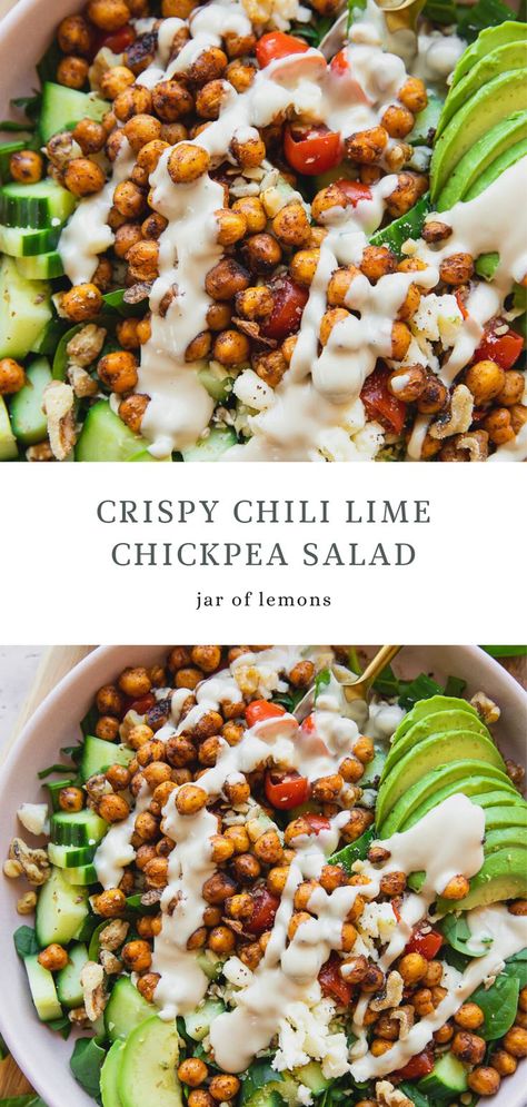 Two images of Chili lime chickpea salad in a white bowl. Crispy Chickpea Salad, Crispy Roasted Chickpeas, Crispy Chickpea, Jar Of Lemons, Avocado Slices, Chickpea Recipes, Lime Dressing, Chili Lime, Deilig Mat