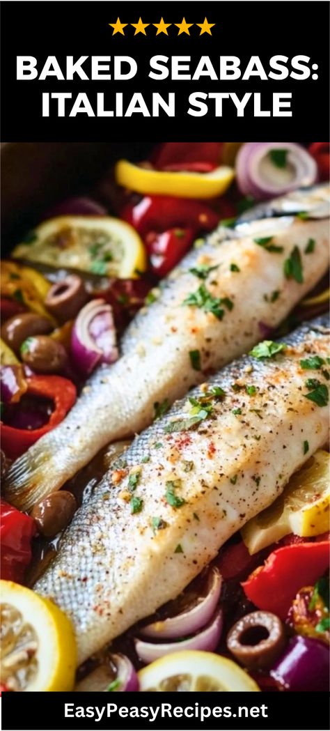 Looking for a hassle-free dinner idea? This delicious Italian baked seabass recipe is just what you need! It features fresh seabass baked to perfection with a delightful mix of herbs, lemon, and garlic – the ideal dinner for busy weekdays or gatherings. Not only is it easy to prepare, but this healthy dish will impress with its rich flavors and bright presentation. Perfect for family dinners or special occasions, your taste buds are in for a treat! Don't miss out on this simple yet delectable meal. Seabass Recipe Baked, Seabass Recipe, Sea Bass Recipes, Quick Pasta Dishes, Italian Recipes Easy, Italian Soup, Easy Italian, Roasted Peppers, Sea Bass