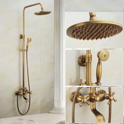 Shop for Antique Brushed Finish Brass Bathroom Shower Faucet with Handheld Shower Carved Base 3 Hole 3 Handle at www.homelava.com with lowest price and best service! #BathroomShowerModern Brass Bathroom Shower, Bathroom Shower Faucets, Shower Fixtures, Steam Showers Bathroom, Brass Bathroom, Brass Faucet, Shower Stall, Shower Design, Shower Set