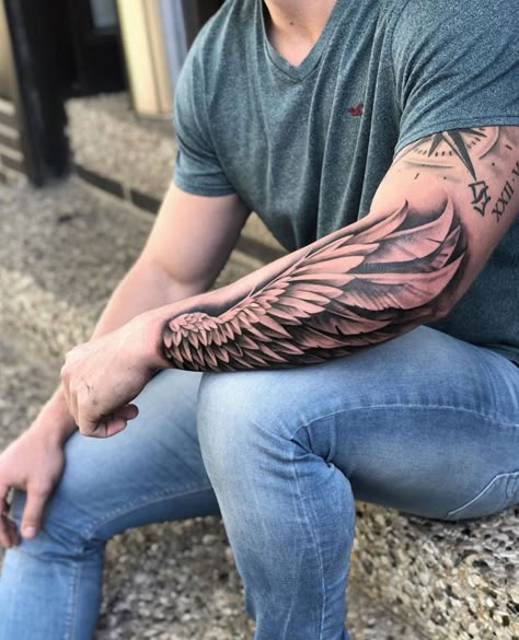 Angel Wings Tattoo Forearm, Forearm Wing Tattoo, Forearm Tattoos For Guys, Wilderness Tattoo, Forearm Cover Up Tattoos, Alas Tattoo, Wing Tattoo Men, Men Tattoos Arm Sleeve, Forarm Tattoos