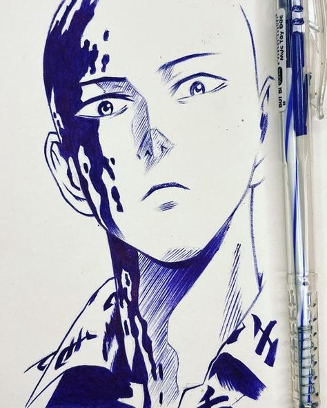 One Punch Man Drawing Sketch, Anime Drawing One Punch Man, Anime Pen Art, Anime Pen Art Sketch, Saitama Sketch, Anime Pen Sketch, Ball Pen Sketch Anime, Anime Ballpoint Pen Sketch, Saitama With Hair Manga