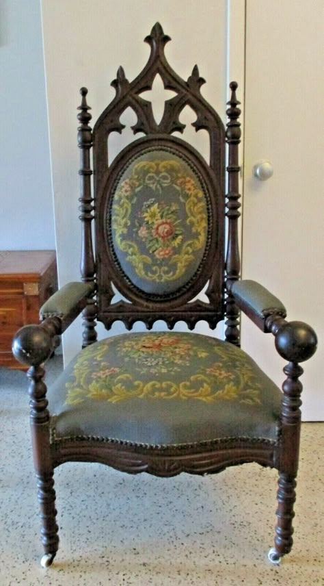 "SHIPPING IS NOT FREE. Buyer responsible to arrange and pay for shipping.  Buyer may pick up locally for free. Many buyers use uShip.com to get their item shipped. We can hold your purchase for up to one month while awaiting pick up. Antique Gothic Revival Mahogany and Needlepoint Ball Arm Throne Chair Armchair This is a beautiful antique arm chair, it is decorated with barley twist legs and the back panel is topped with spires.  The arms end in balls and the legs in casters. The upholstery on t Gothic Throne, Gothic Revival Furniture, Gothic Chair, Halloween Crafts To Sell, Fancy Chair, Classy Halloween Decor, Christmas Crafts Diy Projects, Victorian Chair, Wooden Christmas Crafts