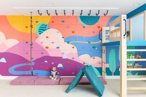 U.F.OH My Goodness — grOH! Playrooms Creative Playroom Ideas, Basement Play Area, Playroom Mural, Crash Mat, Indoor Playroom, Diy Mural, Colorful Playroom, Climbing Walls, Basement Playroom