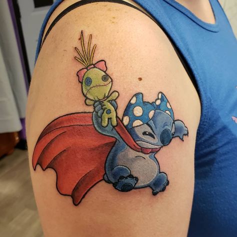 cody parsons on Instagram: “Stitch and Scrump for @armstrong_hannah 😎 thank you so much again for sittin like a champ! . . . #neotrad #neotraditional…” Scrump Tattoo, Stitch And Scrump, Feminine Shoulder Tattoos, Disney Sleeve, Magic Runes, Stitch Tattoo, Epic Tattoo, White Ink Tattoo, Gothic Tattoo