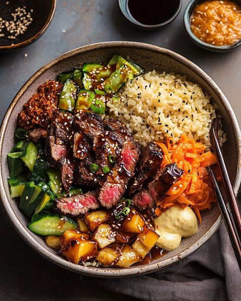 Transport yourself to a Japanese steakhouse with these Hibachi Steak Bowls, packed with juicy steak, tender-crisp vegetables, and fluffy jasmine rice. The creamy, tangy Yum Yum Sauce ties everything together, ... Read more Japanese Steak Bowl, Steak Bowls Recipe, Korean Steak Bites, Japanese Steak Recipes, Asian Steak Bowl, Hibachi Steak Bowls, Steak Rice Bowl Recipes, Korean Ground Beef Recipes, Asian Steak Recipes