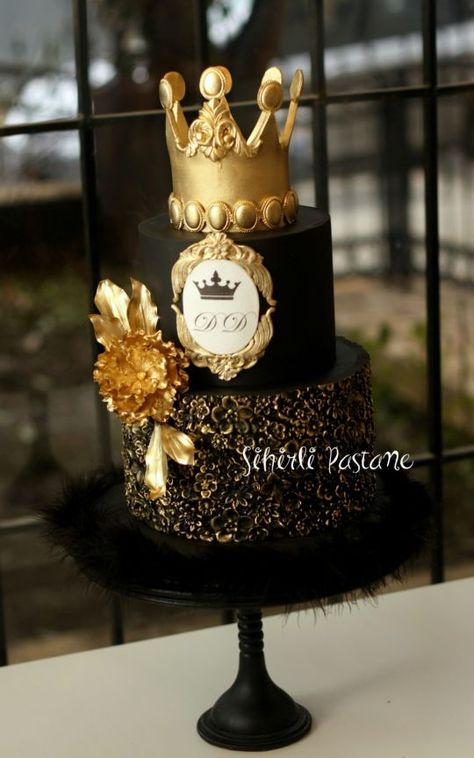 Follow us @ SIGNATURE BRIDE on Instagram and Twitter and on Facebook @ SIGNATURE BRIDE MAGAZINE. Check out our website @ signaturebride.net. Gold Crown Cake, Birthday Cake Crown, Black And Gold Cake, Royal Cakes, Gold Birthday Cake, Crown Cake, Elegant Birthday Cakes, 50th Birthday Cake, Birthday Cakes For Men