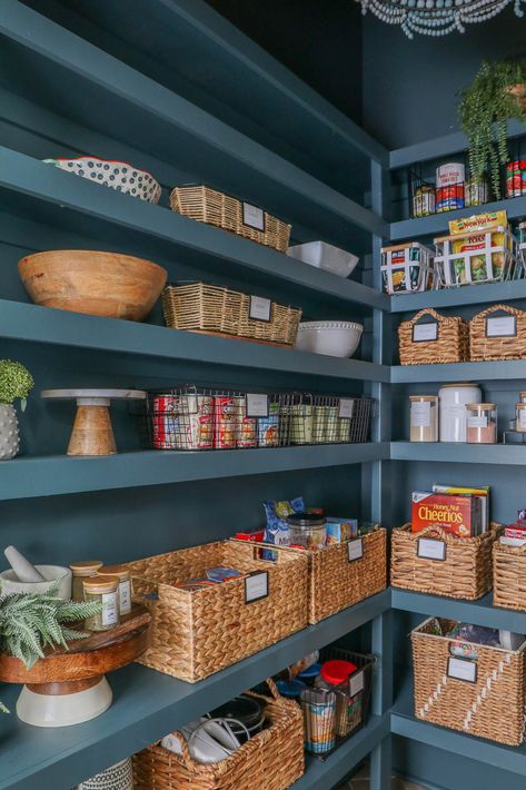 Blue Pantry, Tiny Pantry, Pantry Interior, Painted Pantry, Pantry Layout, White Pantry, Pantry Inspiration, Inchyra Blue, Organized Pantry