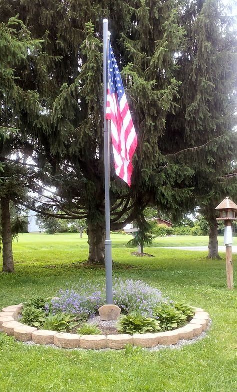 Front Yard Flag Pole Ideas, Flag Pole Landscaping Front Yards, Flagpole Ideas, Flagpole Landscaping, Diy Flag Pole, Drought Landscaping, Flag Pole Landscaping, Steep Hill Landscaping, Flagpole Landscaping Ideas