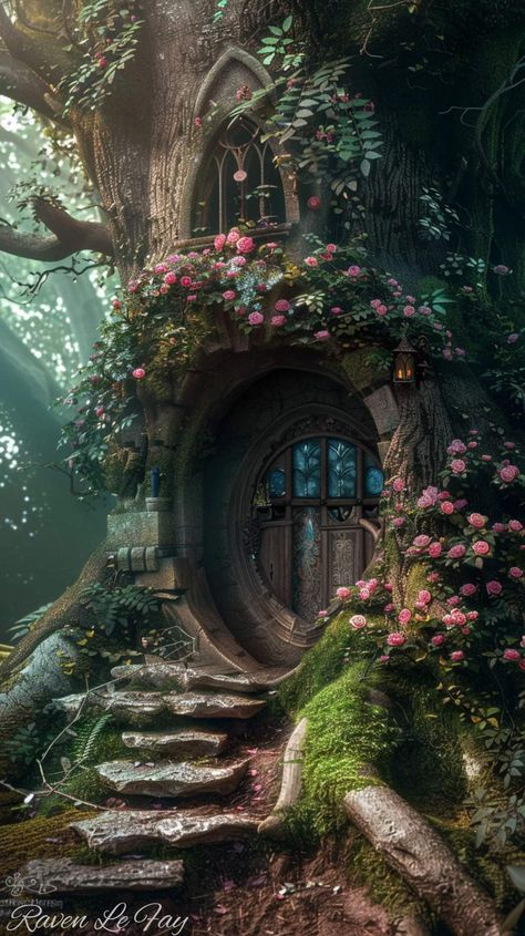 Magic Asthetics Photos, House Inside Tree, Enchanted Tree House, Magical Forest Mural, Fairy Village Aesthetic, Forest Castle Aesthetic, Magical Background Fairytale, Fairy Architecture, Forest House Aesthetic