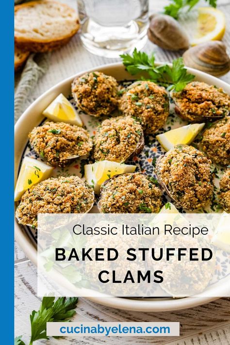 Baked stuffed clams in a baking dish with lemon wedges. Clams Oreganata Recipes, Coastal Italian Dinner Party, Stuffed Clams Recipe, Baked Clams Recipe, Clam Appetizers, Clams Oreganata, Oreganata Recipe, Stuffed Clams, Baked Clams