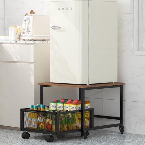 PRICES MAY VARY. 【Compact Organizer for Home】Our refrigerator stand for mini fridge is designed to hold compact fridges, microwaves, bakers, and toasters, keeping them off the ground for easy reach. It offers a sturdy and space-saving storage solution for your appliances. 【Sturdy Structure】Made with 0.59-inch-thick wood panels and a robust iron frame, this stand for mini fridge ensures long-lasting stability. It can easily support up to 120 pounds of weight, providing a reliable and secure platf Home Office With Mini Fridge, Bedroom Mini Fridge Ideas, Small Refrigerator Ideas, Mini Fridge Table, Mini Fridge In Bedroom Aesthetic, Carriage House Kitchen, Mini Fridge In Bedroom, Fridge Stand, Refrigerator Stand