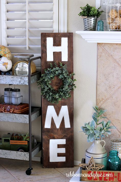 Painted Farmhouse Home Sign  made with painted letters on a wood board and a boxwood wreath #farmhousesign #boxwoodwreath Brown Home Design, Home Letters On Wall, Letters On Wall, Home Word, Home Letters, Residence Design, Front Door Makeover, Farmhouse Living Room Furniture, Rustic Inspiration