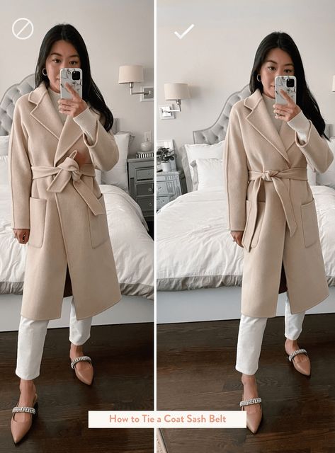 How To Tie A Belt Knot, Belted Coat Outfit, How To Tie A Belt, Extra Petite Blog, Belt Knots, Belt Ideas, Fashion Style Tips, Jacket Belt, Extra Petite