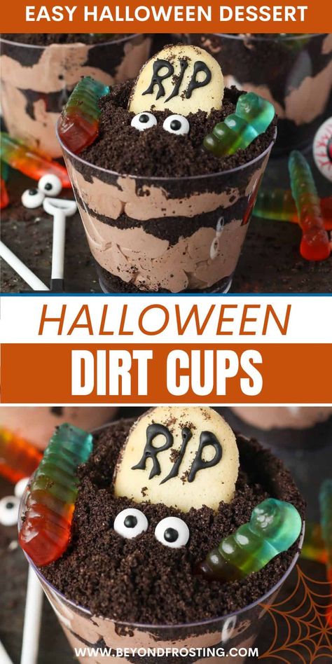 Halloween Dirt Pudding, Halloween Dirt Cups, Dirt Cake Cups, Dirt Pudding Recipes, Halloween Dirt, Dirt Recipe, Dirt Cups Recipe, Dirt Pudding Cups, Dirt Dessert