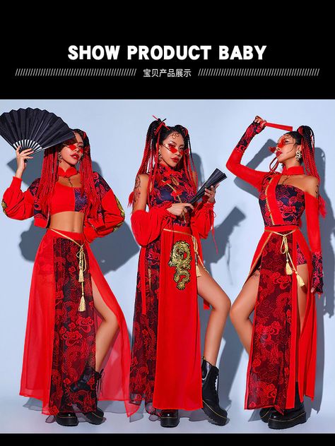 Japanese Dance Costume, Modern Dance Outfit Hip Hop, Chinese Festival Outfit, Imlek Outfit, Chinese Inspired Outfits, Neon Outfits Party Night, Chinese Outfits Modern, Chinese Costume Women, Red Festival Outfit