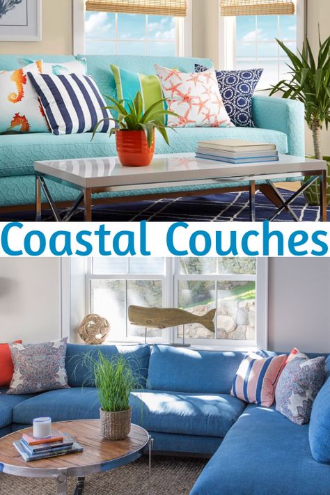 Couches and Sofas for Coastal Living in Shades of Blue. Living Room Ideas with Blue Couches featured at Completely Coastal. Shop the Look. From Bright Blue Sofas to Deep Navy Blue Couches. Blue Sofa Decor Ideas, Shades Of Blue Living Room, Coastal Living Rooms Sofas, Blue Sofa Decor, Royal Blue Sofa, Navy Blue Couches, Blue Living Room Ideas, Blue Couch Living, Blue Sofa Living