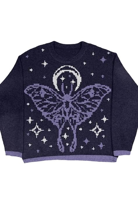 Dreamcore Aesthetic Moon Moth Knit Sweater Unisex Purple Shirt Aesthetic, Alt Sweater, Frog Girl, Moon Sweater, Ethereal Style, Moth Sweater, Dreamcore Aesthetic, Aesthetic Moon, Luanna Perez