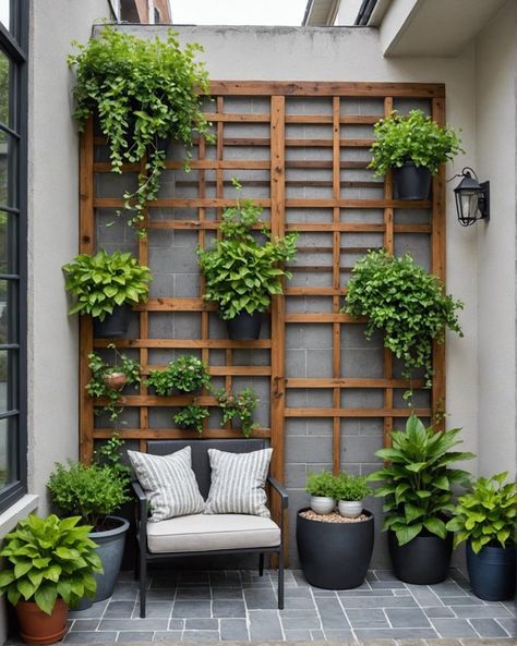 20 Small Patio Wall Ideas To Transform Your Compact Outdoor Haven – ToolzView Small Patio Wall Decor, Small Garden Nook Ideas, Outdoor Plant Wall Ideas Patio, Plants On Wall Outdoor, Trellis Planter Ideas, Patio Trellis Ideas, Courtyard Wall Design, Outdoor Plant Wall Ideas, Patio Accent Wall