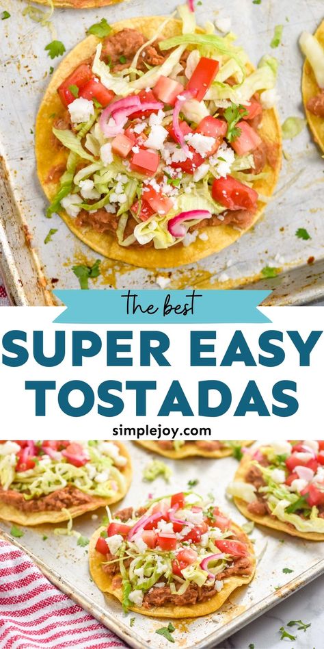 These Tostadas make for a quick and easy dinner that your family will love! These are even quick enough that you could make them as a snack! Tostadas With Flour Tortillas, Taco Bell Tostada Recipe, How To Make Tostadas, Easy Tostada Recipes, High Fiber Low Carb Recipes, Tostados Recipe, Easy Tostadas, Crockpot Pinto Beans, Tostadas Recipes