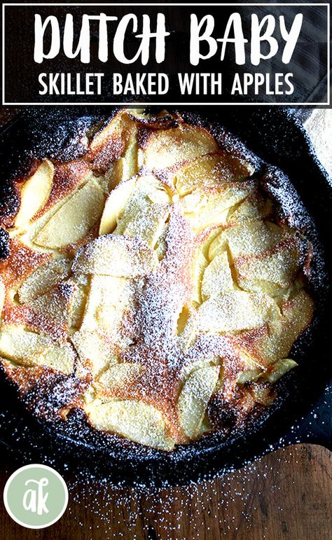 Apple Dutch Baby — what fall breakfast dreams are made of. This big apple pancake is one of the most fun recipes to prepare as it comes together in just minutes, puffs dramatically in the oven, and feeds four comfortably (so long as you provide some bacon or sausage on the side.) #apple #dutch #baby #pancake #big #fall #breakfast #brunch Apple Dutch Baby, Dutch Baby Recipe, Honey Crisp, Apple Pancakes, Fall Breakfast, What's For Breakfast, Dutch Baby, Goulash, Pancakes And Waffles