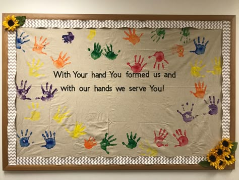 I Have Called You By Name Bulletin Board, Hand Print Bulletin Board Ideas, Handprint Bulletin Board Ideas, Sunday School Valentines, Catechism Crafts, Dry Erase Board Art, Vbs Space, Kids Church Rooms, Holiday Boards