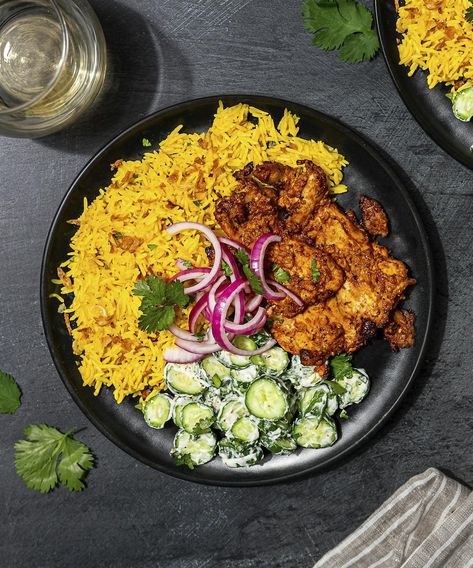 Fresh Prep | Roasted Tandoori Chicken Chicken Tandoori, Turmeric Rice, Yogurt Marinade, Chicken Over Rice, Mint Yogurt, Broiled Chicken, Clay Oven, Yogurt Dressing, Persian Cucumber