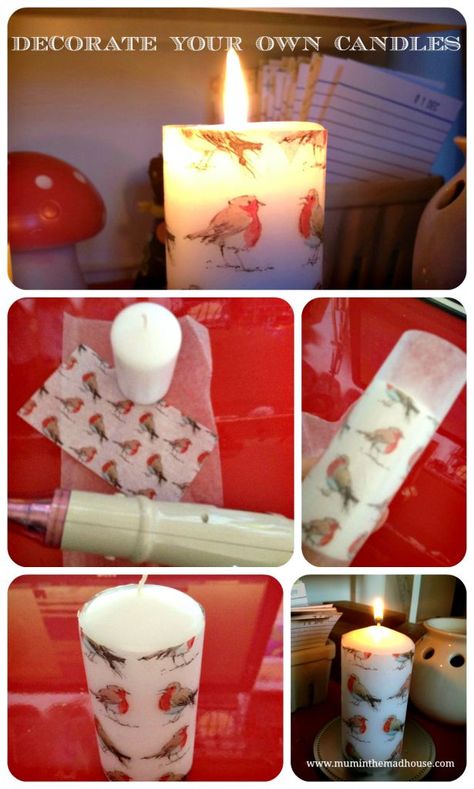 DIY decorate your own pillar candles with festive tissue paper to make the perfect Christmas gift How To Decorate Candles For Christmas, Decorated Candles Diy, How To Decorate Candles, Tissue Paper Candles, Candle Transfer, Diy Candle Gift, Decorate Candles, Decoupage Candles, Pillar Candle Decor