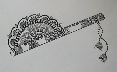 Krishna Basuri Mandala Art, Basuri Flute Drawing, Krishna Flute Mandala Art, Easy Krishna Flute Drawing, Bansuri Mandala Art, Krishna Basuri Drawing, Flute Drawing Design, Mandala Flute, Basuri Krishna Flute Drawing