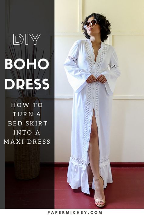 DIY Bed Skirt turned Eyelet Lace Maxi Dress | Paper Michey Boho Chic Dress Sewing Patterns, Boho Sewing Patterns Bohemian Style, Boho Dress Sewing Pattern, Boho Sewing Patterns, Boho Sewing, Maxi Dress Sewing Pattern, Diy Bed Skirt, Maxi Dress Boho Style, Boho Dress Pattern