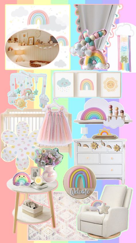 Rainbow themed nursery featuring clouds and sun touches Rainbow Themed Nursery, Clouds Nursery, Themed Nursery, Nursery Themes, Girl Nursery, Doll House, Nursery, Rainbow