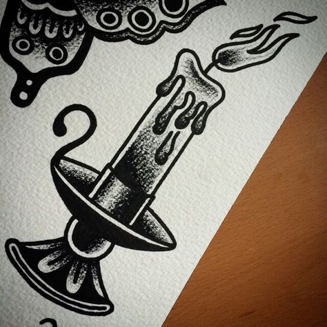 Traditional Candle Tattoo, Candlestick Tattoo, Candle Tattoo Design, Traditional Black Tattoo, Stick Tattoo, 16 Tattoo, Traditional Candle, Candle Tattoo, Ring Finger Tattoos